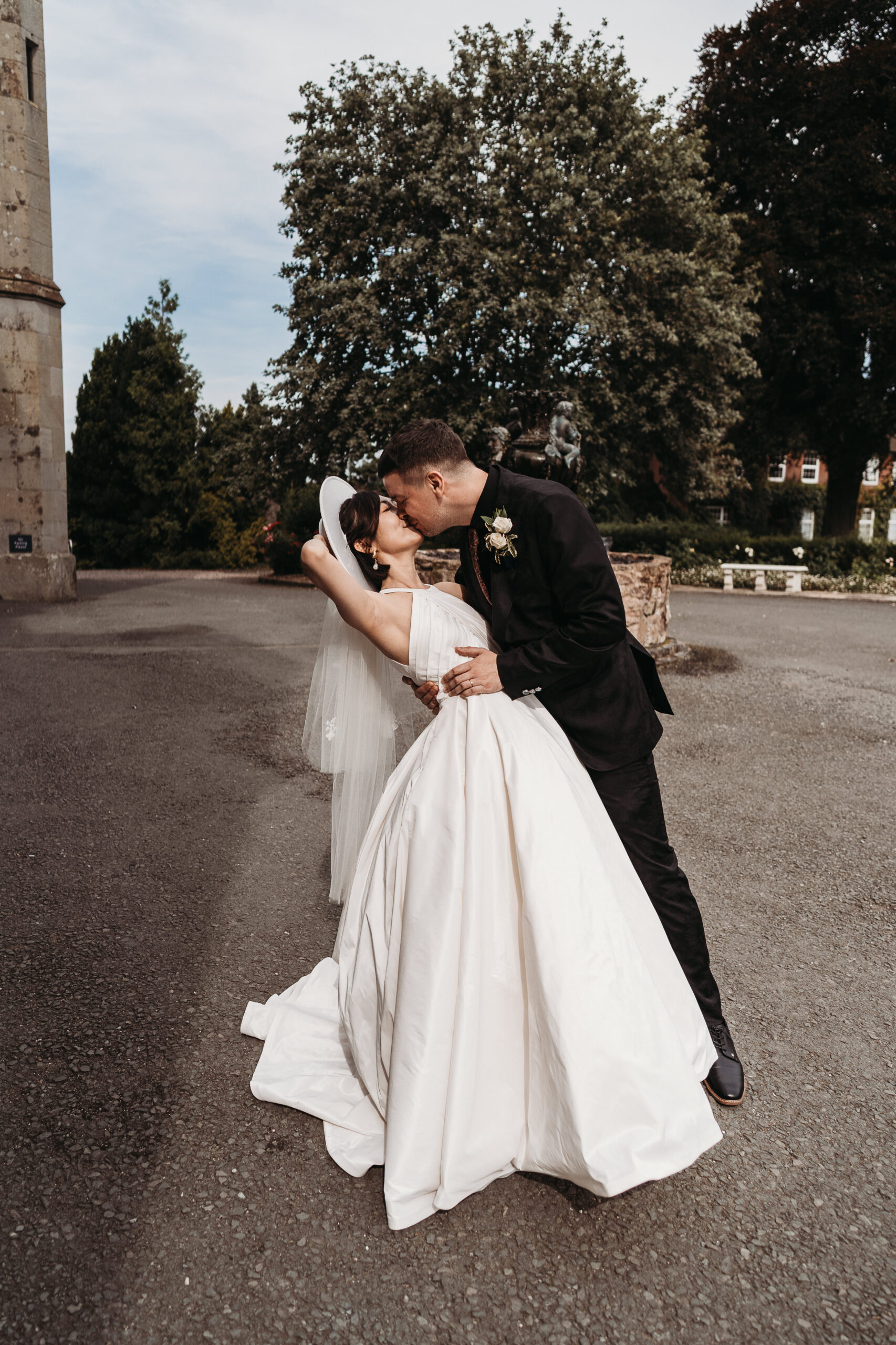 bride and groom at castle wedding venue in Shropshire 