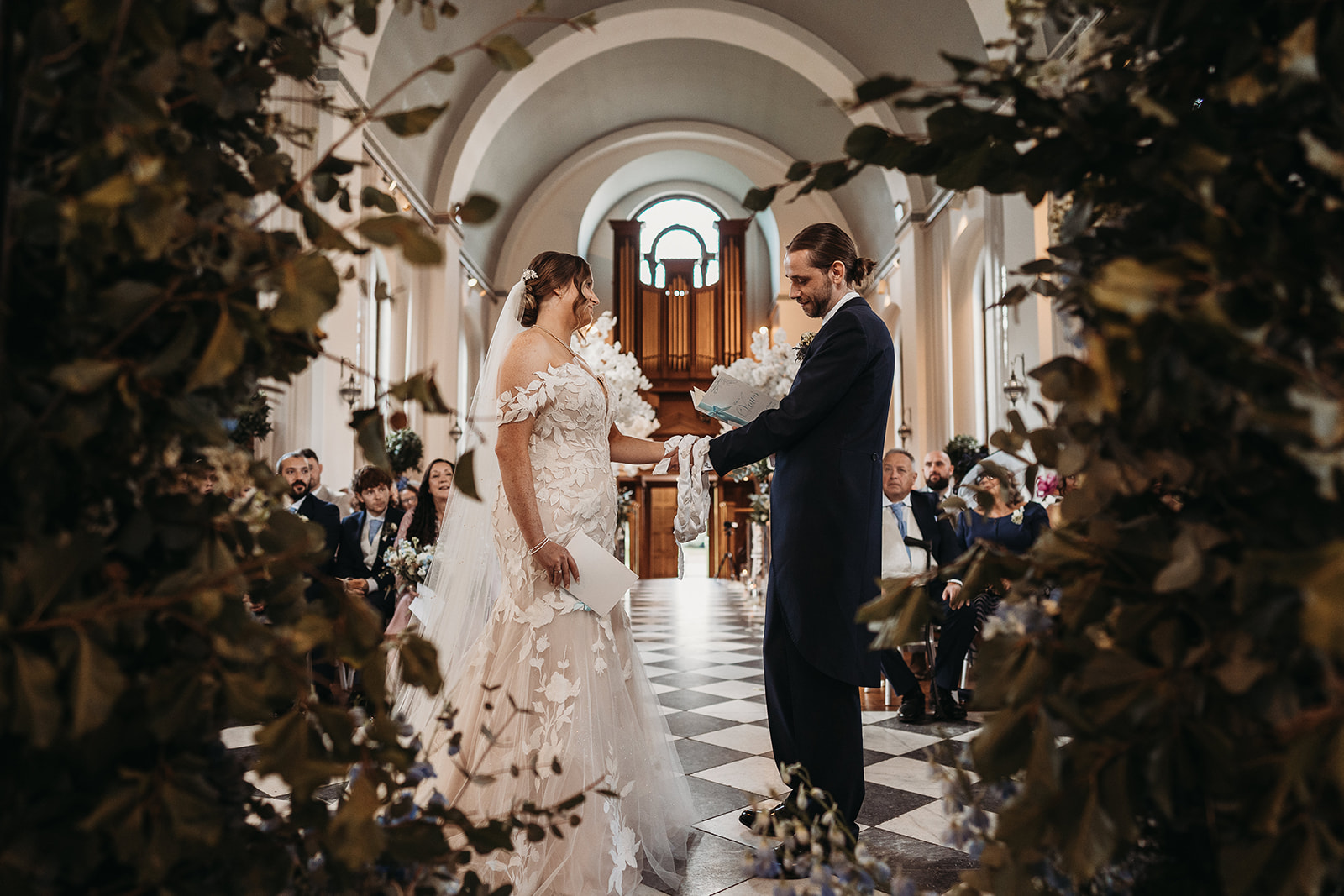 Bride and groom during wedding ceremony at Shropshire wedding venue, Hawkstone Hall