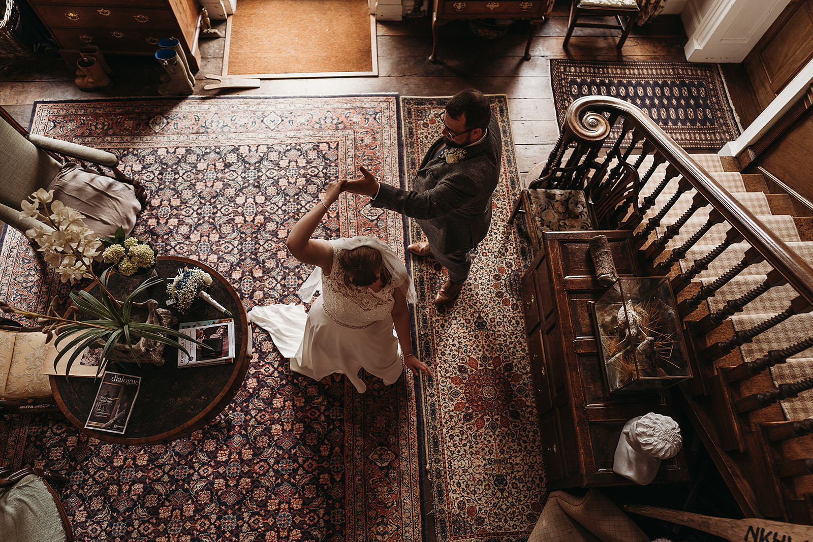 bride and groom dancing in the lower floor at Shropshire wedding venue, Delbury Hall 