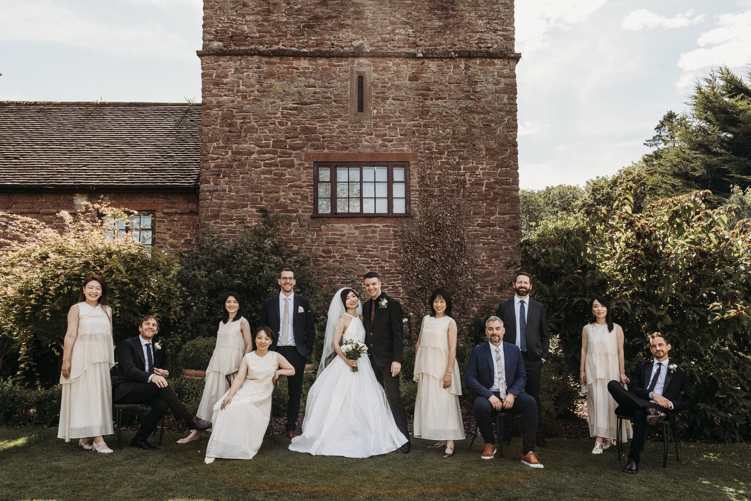 wedding group shot, vouge style, at Shropshire wedding venue, Rowton Castle