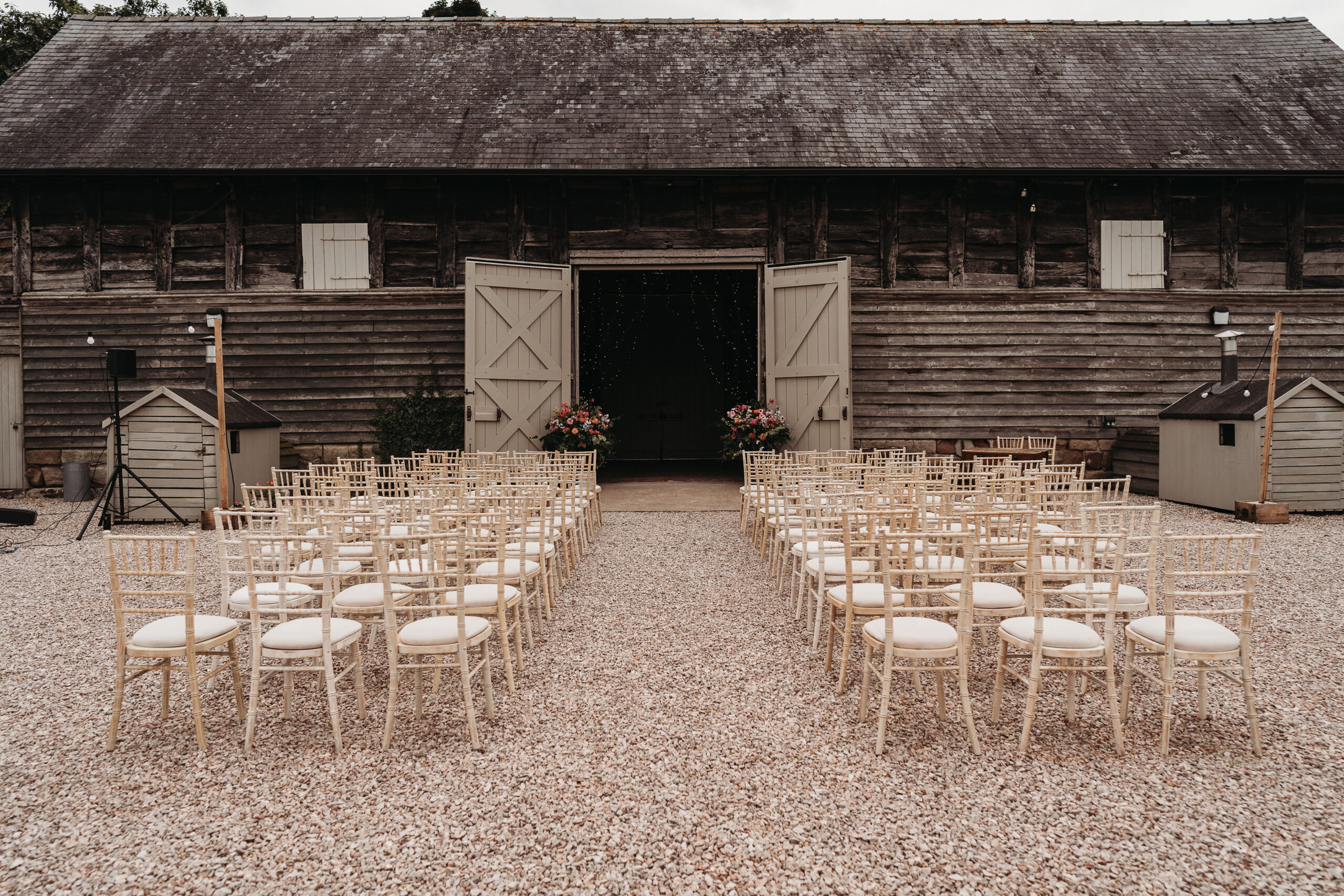 Outdoor wedding setup at Shropshire wedding venue, Pim Hill Barns 