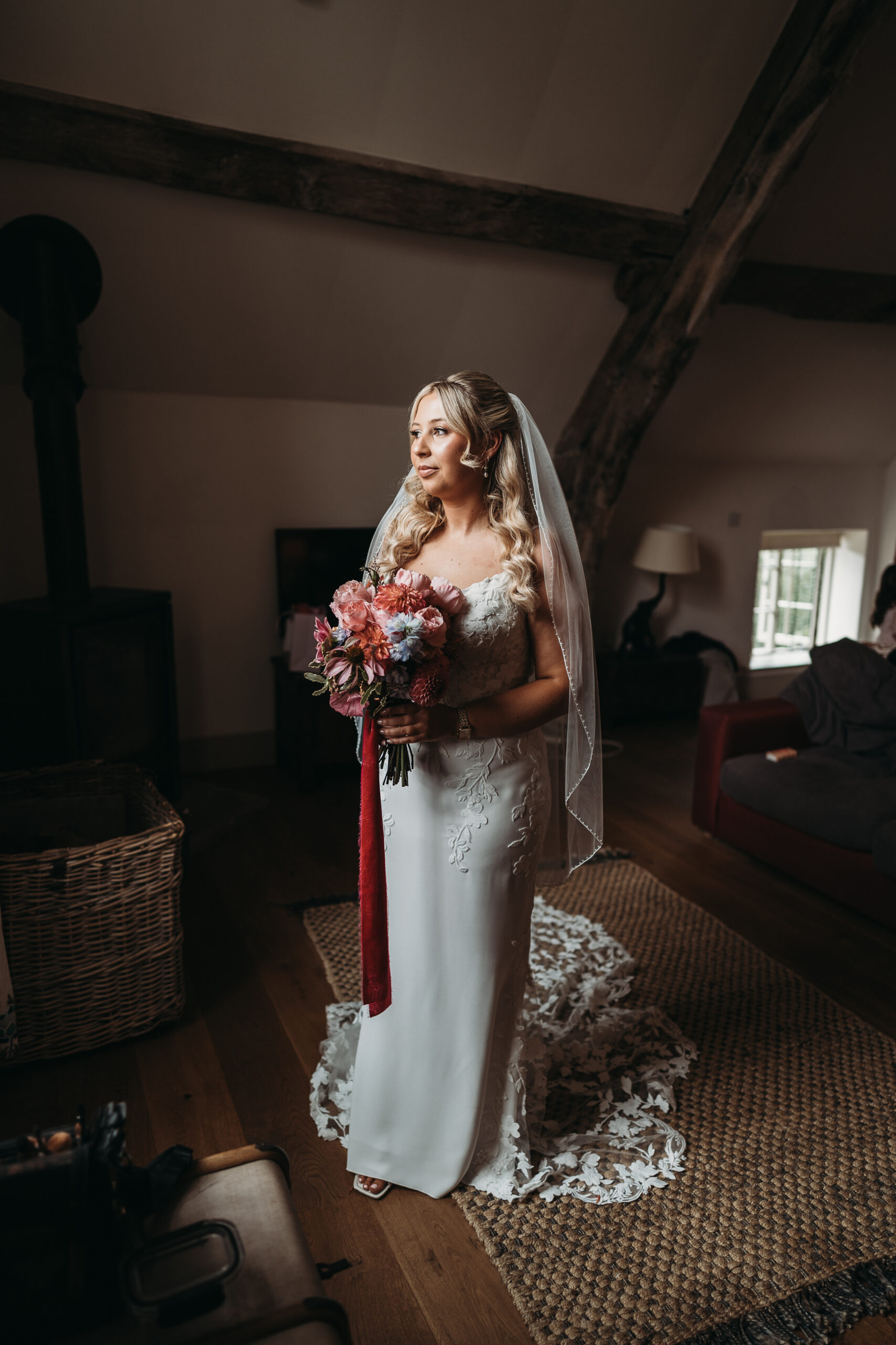 Bridal portrait at prep on wedding morning at Shropshire wedding venue, Pimhill Barn